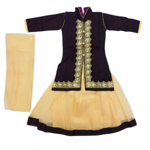 Beautiful Dark Violet Golden Floral Embroidery Kurta Set with Golden Skirt and Dupatta for Kid Girls (5–7 Years)