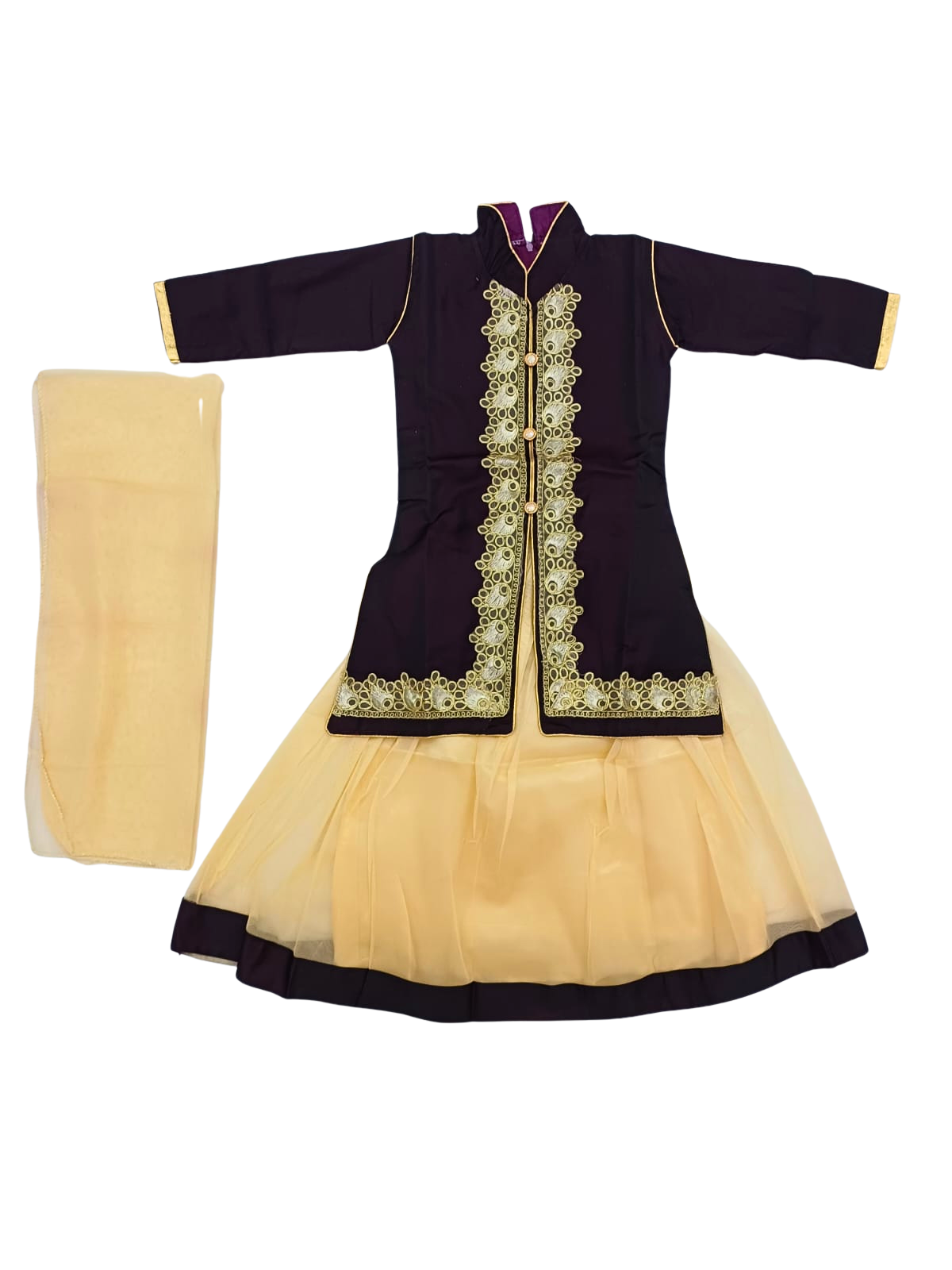 Beautiful Dark Violet Golden Floral Embroidery Kurta Set with Golden Skirt and Dupatta for Kid Girls (5–7 Years)