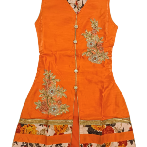 Orange Floral Embroidered Kurta Skirt Set with Dupatta for Girls | Golden Work Ethnic Outfit for Parties & Special Occasions | Age 8–9 Years - Image 4