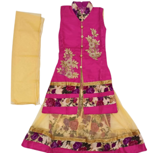 Pink Floral Embroidered Kurta Skirt Set with Dupatta for Girls | Golden Work Ethnic Outfit for Parties & Special Occasions | Age 7–8 Years