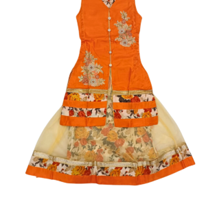 Orange Floral Embroidered Kurta Skirt Set with Dupatta for Girls | Golden Work Ethnic Outfit for Parties & Special Occasions | Age 8–9 Years - Image 3