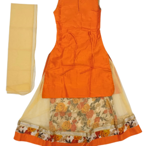 Alternative view of Orange Floral Embroidered Kurta Skirt Set with Dupatta for Girls | Golden Work Ethnic Outfit for Parties & Special Occasions | Age 8–9 Years