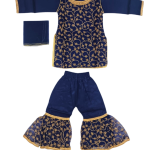 Alternative view of Navy Blue Embroidered Sharara Suit Set for Kids Girls | Bell Bottom Pants with Golden Work | Festive & Party Outfit | Size 3–4 Years