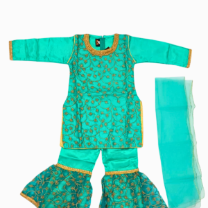 Green Girls Kids Sharara Suit | Embroidered Bell Bottom Sharara with Golden Work | Festive Occasion Wear | Size 7–8 Years