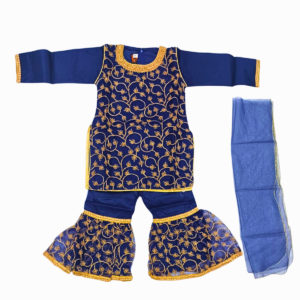 Navy Blue Embroidered Sharara Suit Set for Kids Girls | Bell Bottom Pants with Golden Work | Festive & Party Outfit | Size 3–4 Years