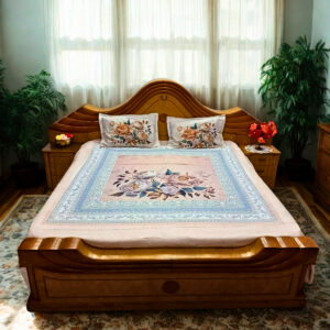 Floral Double Bedsheet with 2 Matching Pillow Covers, Beige & Blue Peony Design, 108 x 108 Inches, Premium Cotton Fine Fiber