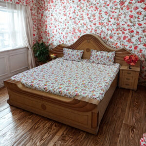 Floral Double Bedsheet with 2 Pillow Covers – White Base with Pink & Yellow Flower Print, 90 x 100 Inches, Glace Cotton Fabric
