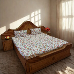 Alternative view of Elegant White Fitted Double Bedsheet with Pink & Orange Flower Print, Green Leaf Design, 2 Pillow Covers, 90 x 100 Inches