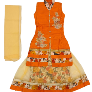 Orange Floral Embroidered Kurta Skirt Set with Dupatta for Girls | Golden Work Ethnic Outfit for Parties & Special Occasions | Age 8–9 Years