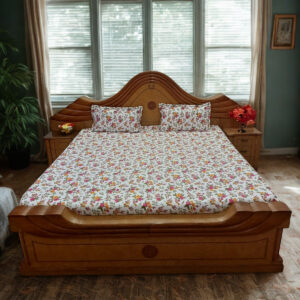 Elegant White Fitted Double Bedsheet with Pink & Orange Flower Print, Green Leaf Design, 2 Pillow Covers, 90 x 100 Inches